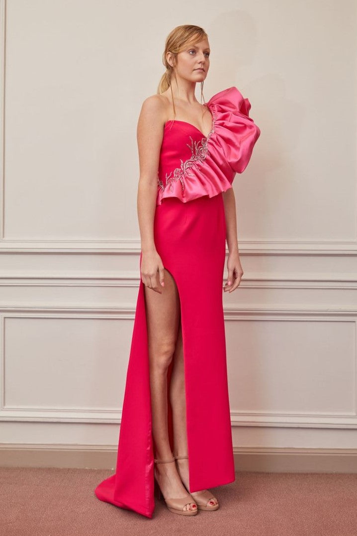 Ruffled One Shoulder Side Slit Gown