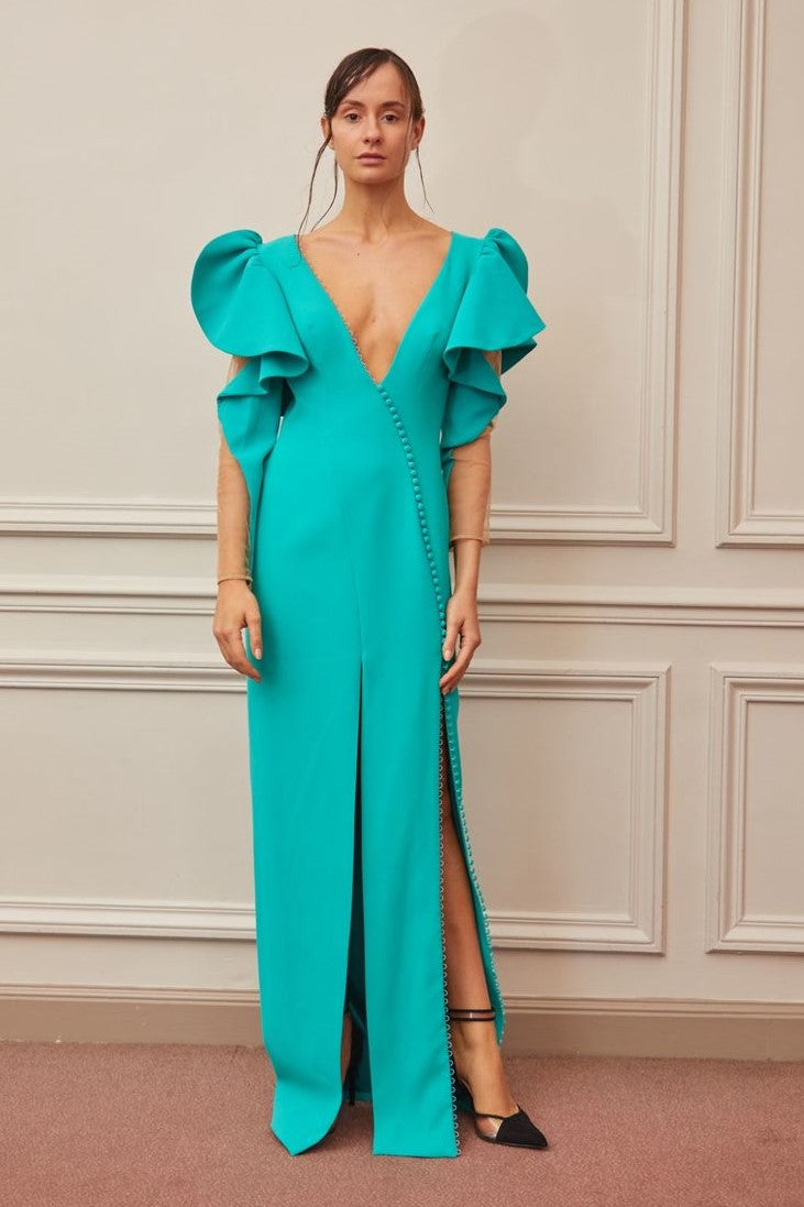 Sheer Sleeve V Neck Slit Gown