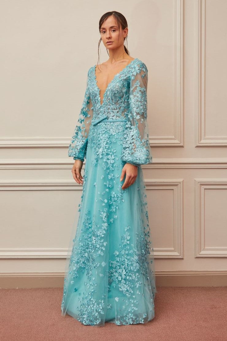 Long Sleeve Plunging Neck Gown
