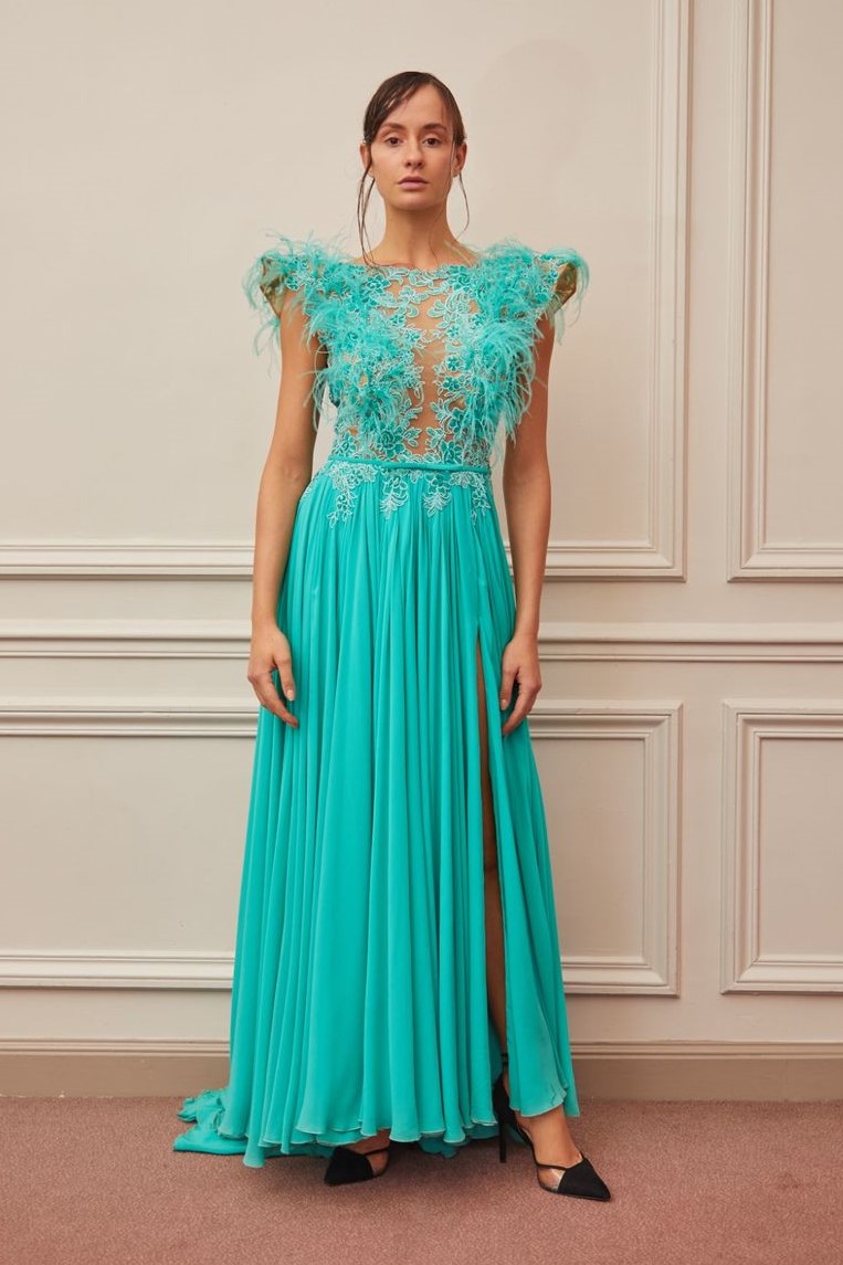 Feathered Cap Sleeve Pleated Slit Gown