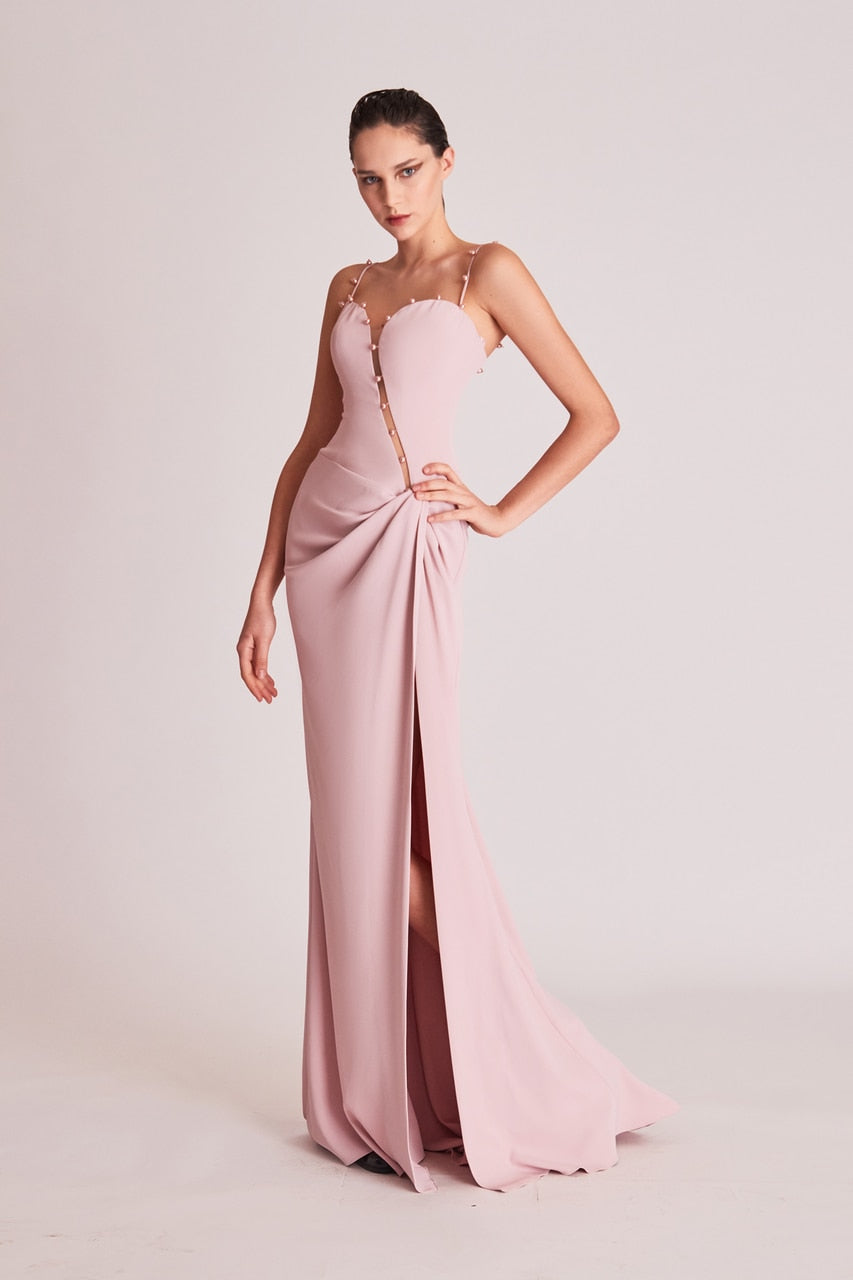 Beaded Spaghetti Strap Gown
