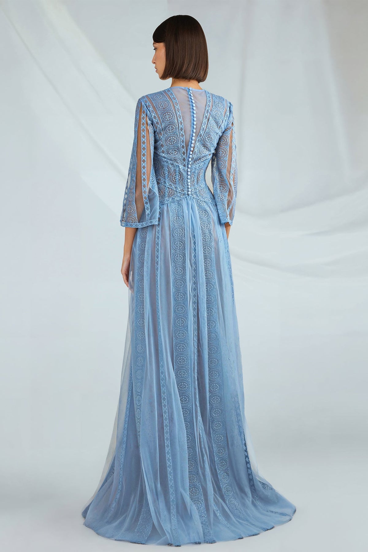 V-Neck Embroidered Tulle Gown