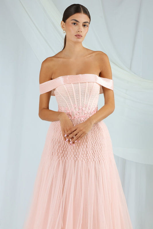 Off-Shoulder Corset Tulle Gown