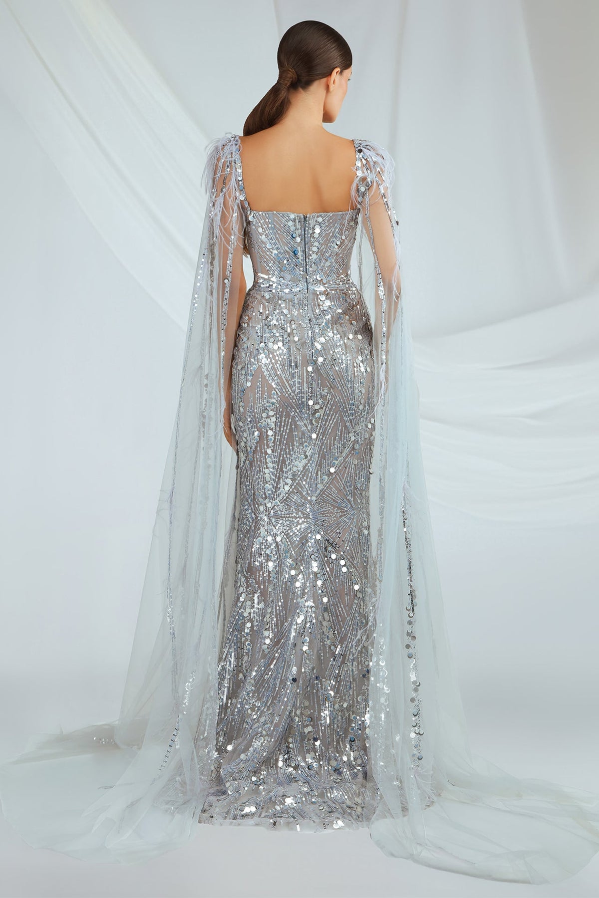 Sheer-Cape Sequin Gown