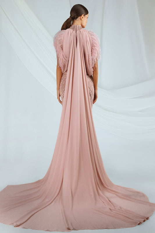 Feather-Trim Cape Gown