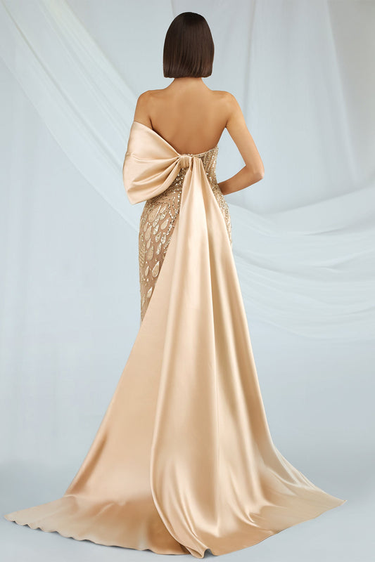 Strapless Beaded Bow Gown
