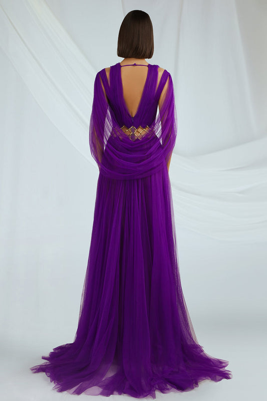 Plunging V-Neck Cape-Sleeve Gown