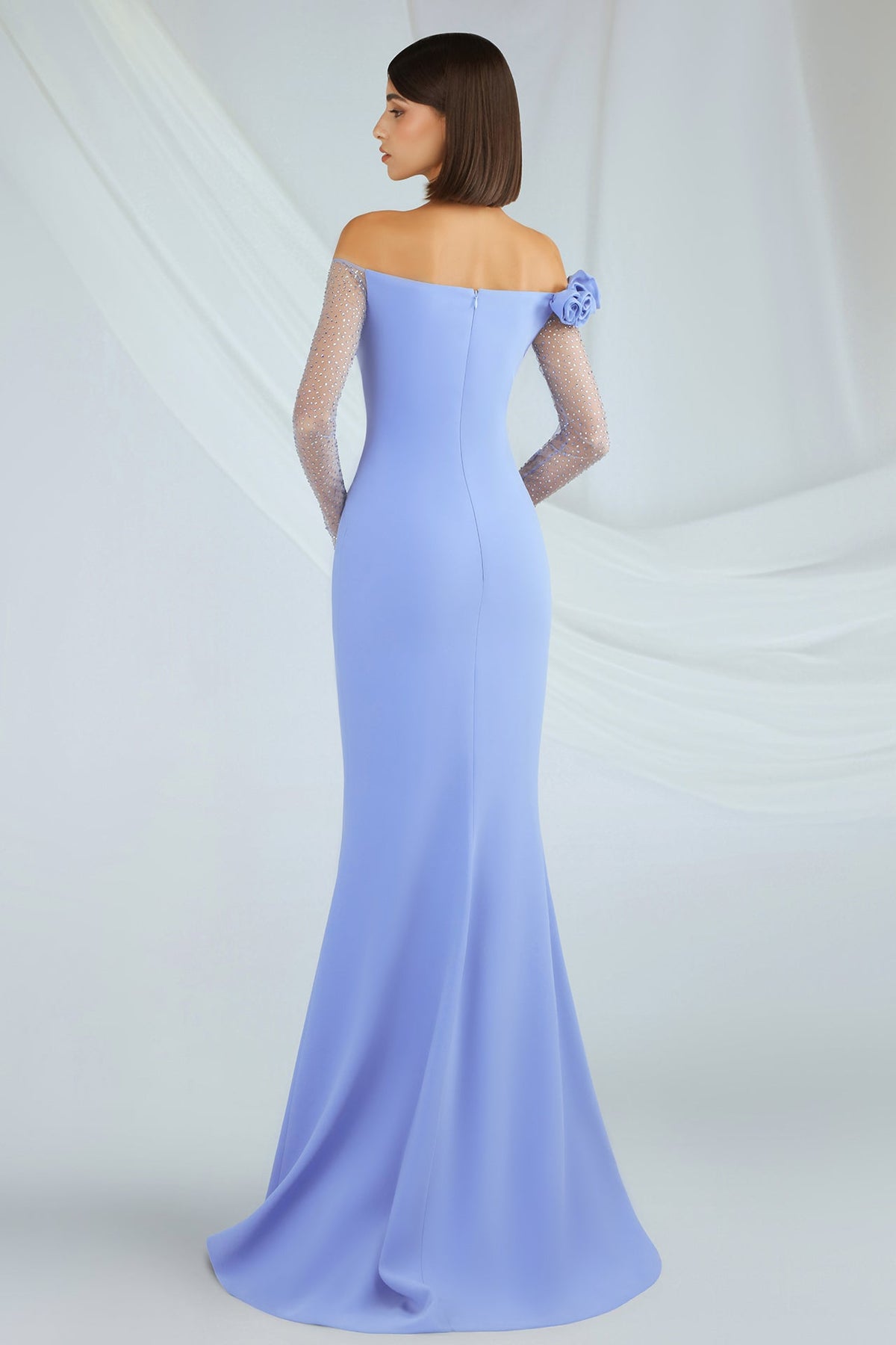 Crystal-Sleeve Flower Mermaid Gown