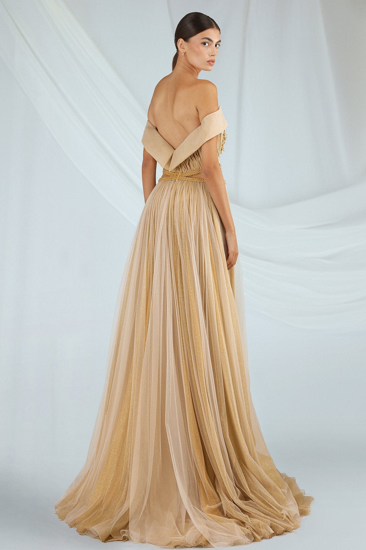 Off-Shoulder Pleated Tulle Gown