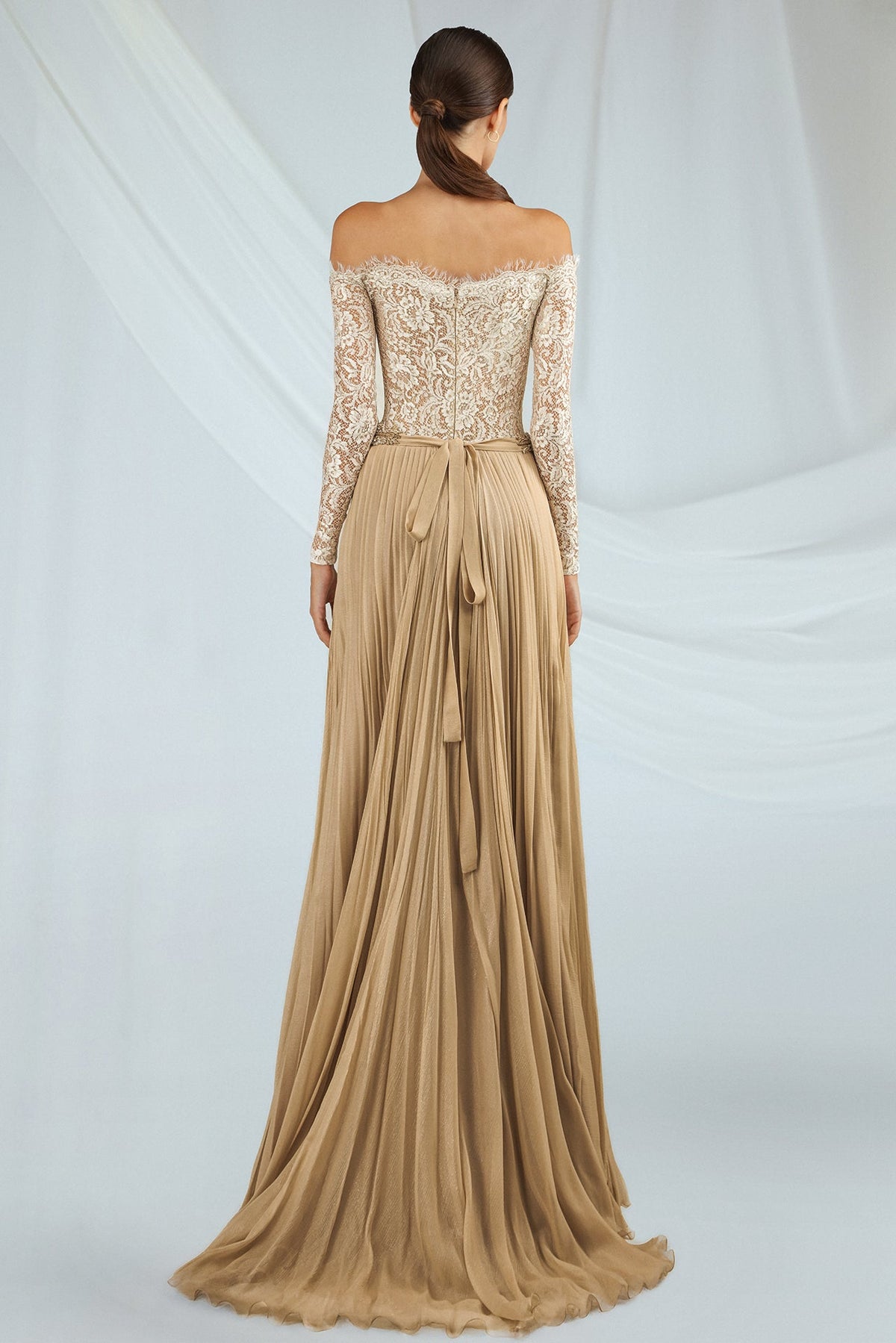 Lace Long-Sleeve Pleated Gown