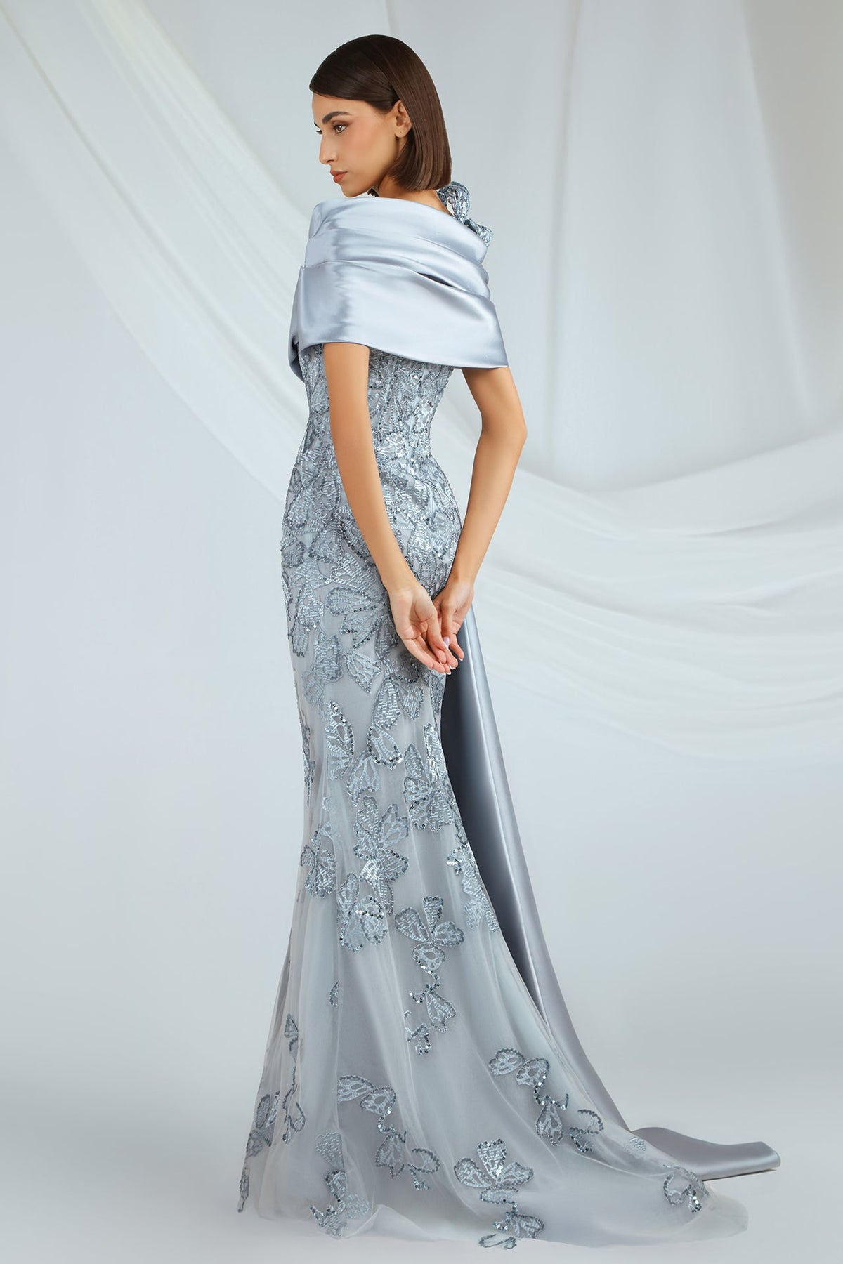 Strapless Floral Wrap Gown
