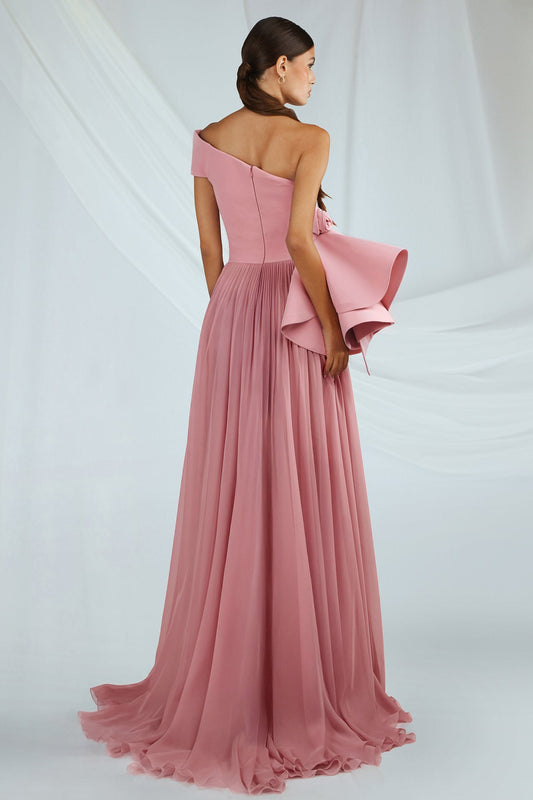 One-Shoulder Peplum Chiffon Gown