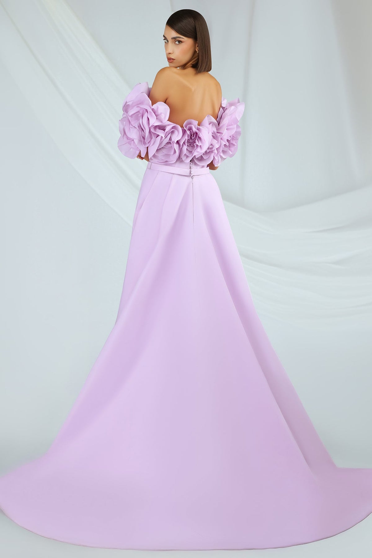 Off-Shoulder Rosette Open-Back Gown