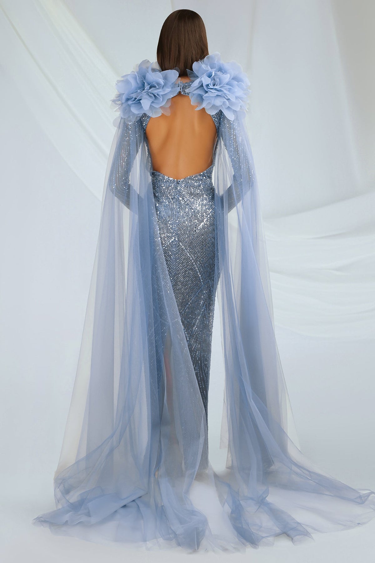 Plunge-Neck Beaded Cape Gown
