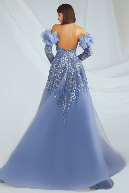 Sequin Flower-Sleeve Overskirt Gown