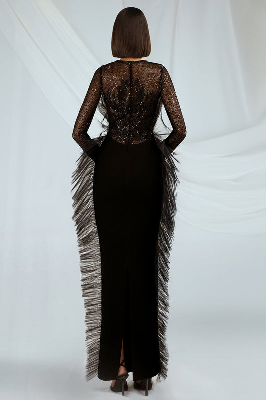 Sequined Illusion Fringe-Trim Gown