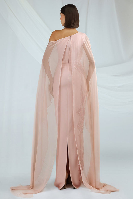 One-Shoulder Chiffon Cape Gown