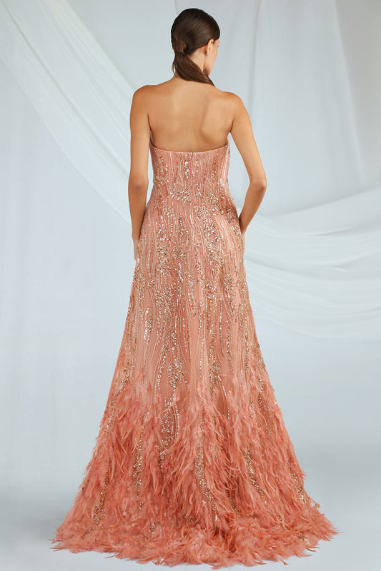 Strapless Feather-Hem Overlay Gown