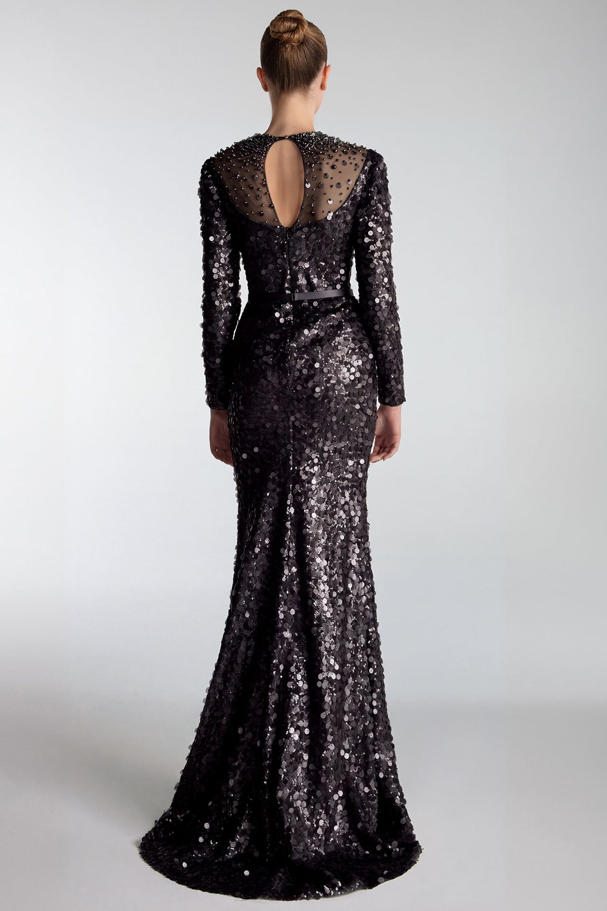 Beaded-Yoke Sequin Mermaid Gown