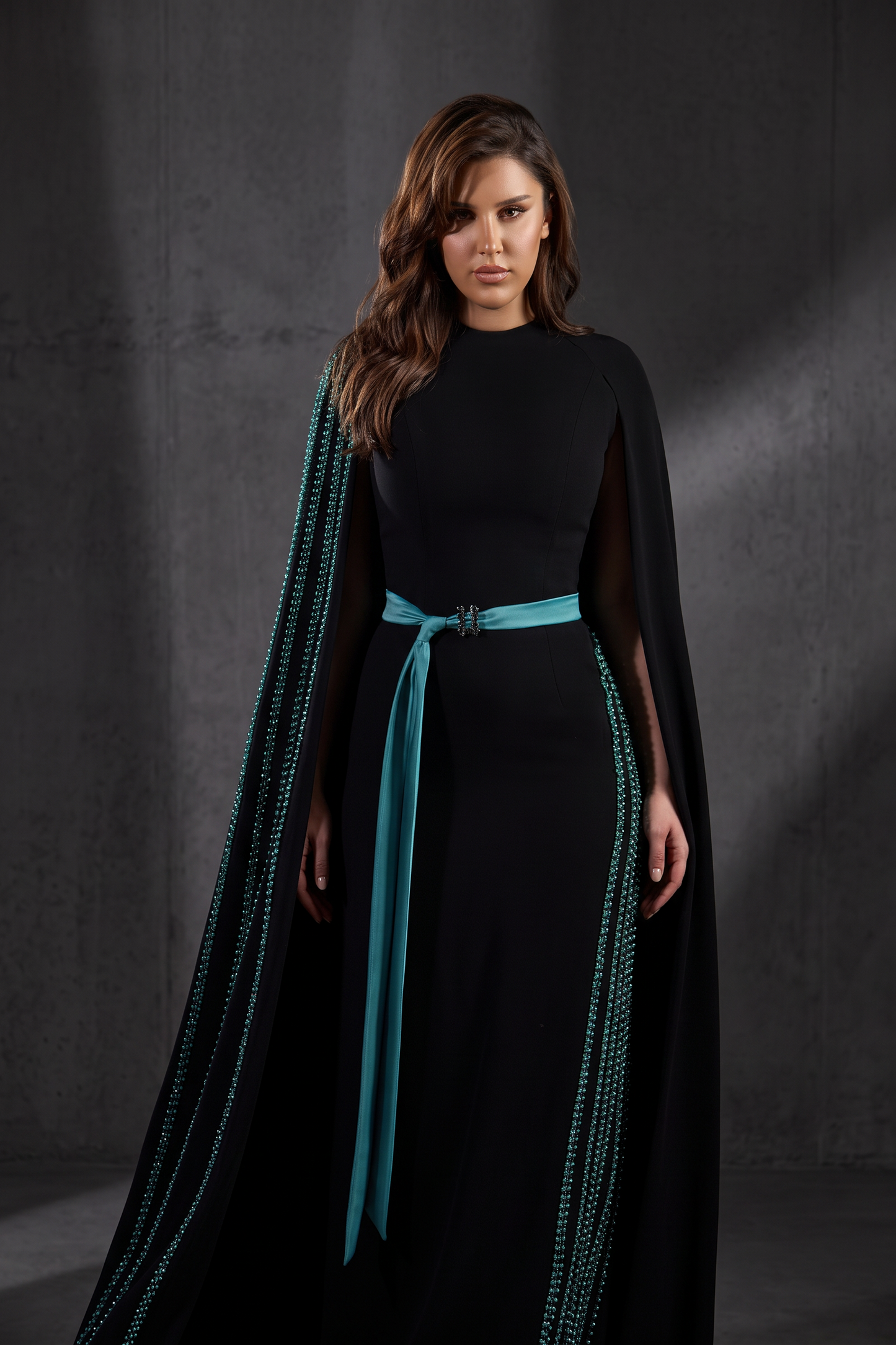 Black Beaded Cape Sleeve Gown