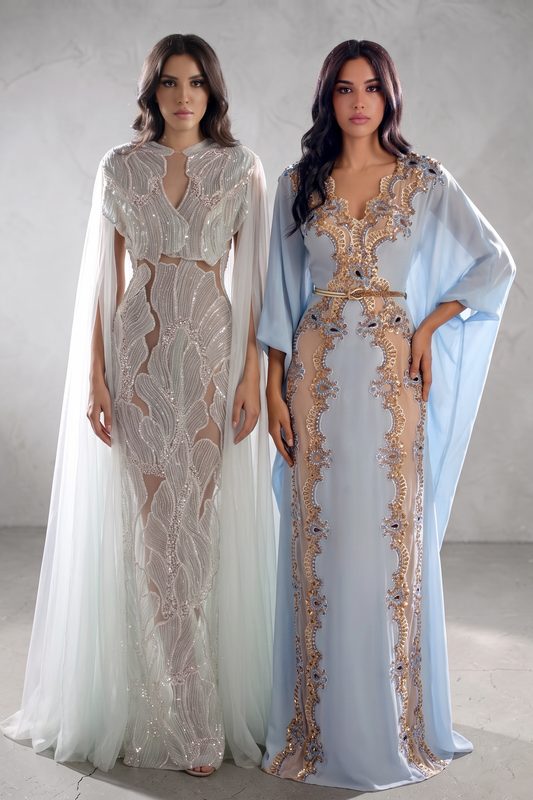 Leaf Embroidered Cape Sleeve Gown