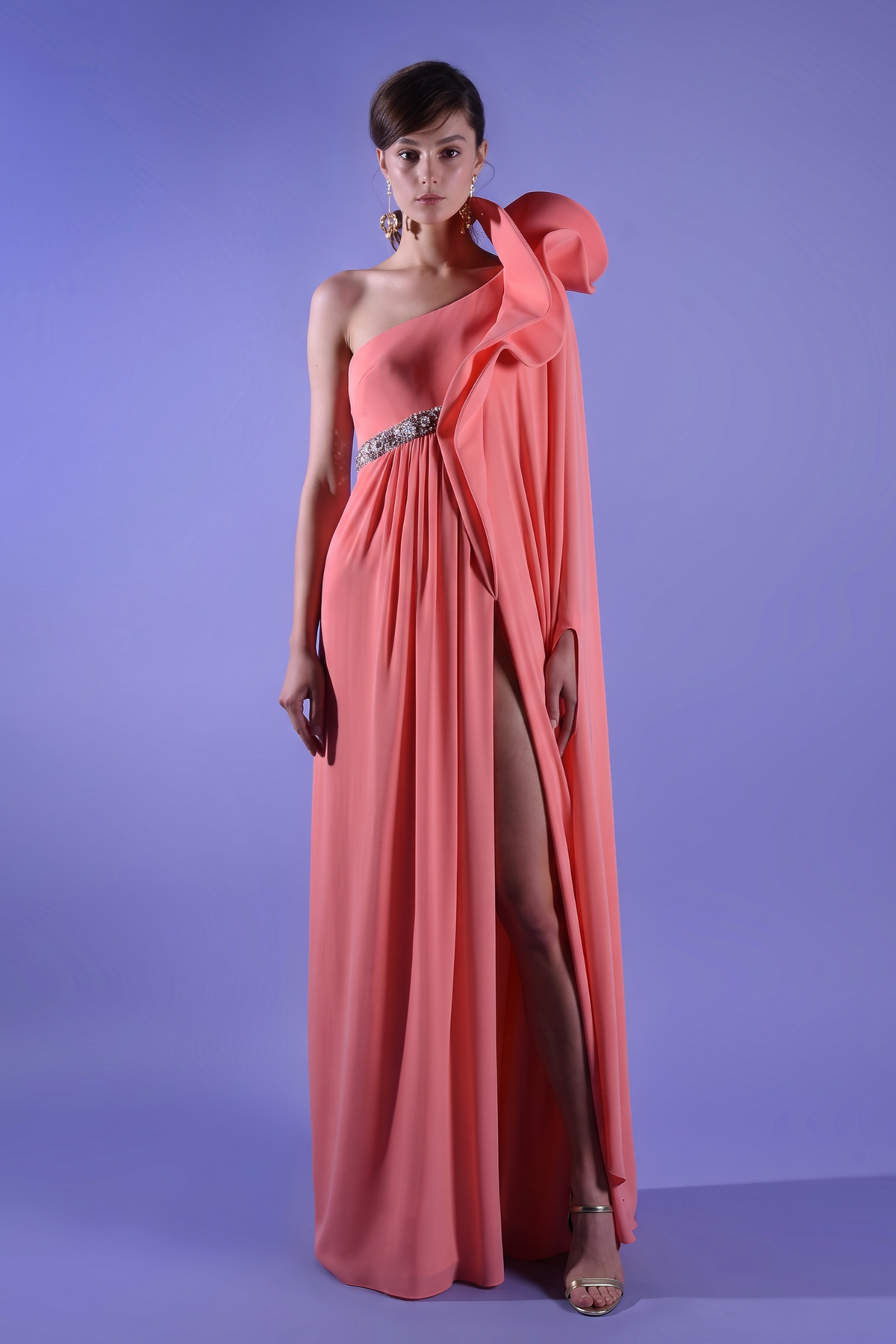 One Shoulder Ruffle Gown