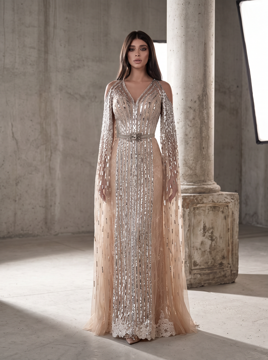 Beige Beaded Cape Sleeve Gown
