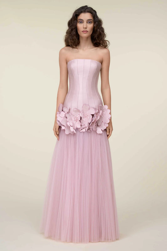 Strapless 3D Floral Gown