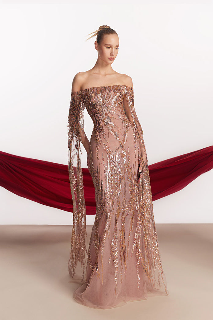 Off-Shoulder Cape-Sleeve Sequin Gown