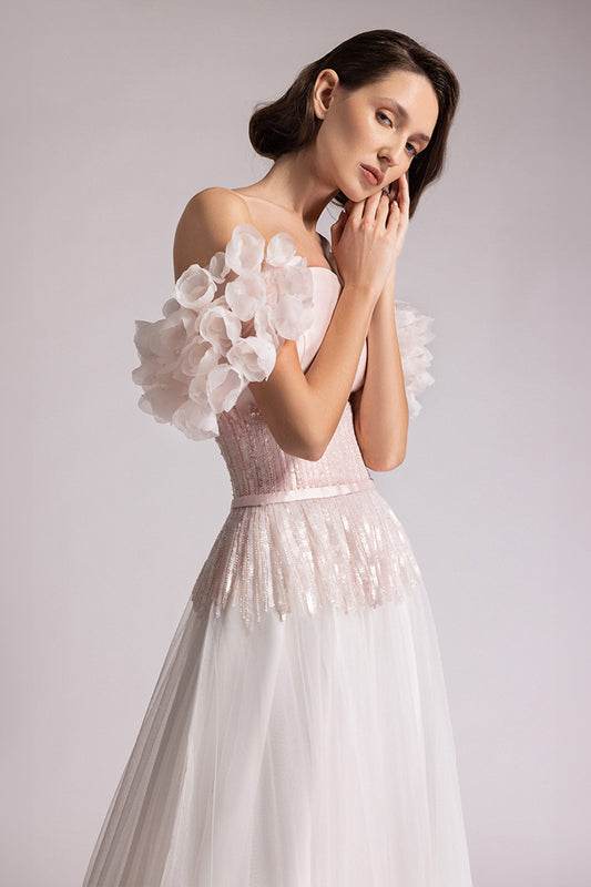 Off-Shoulder Petal-Sleeve Gown