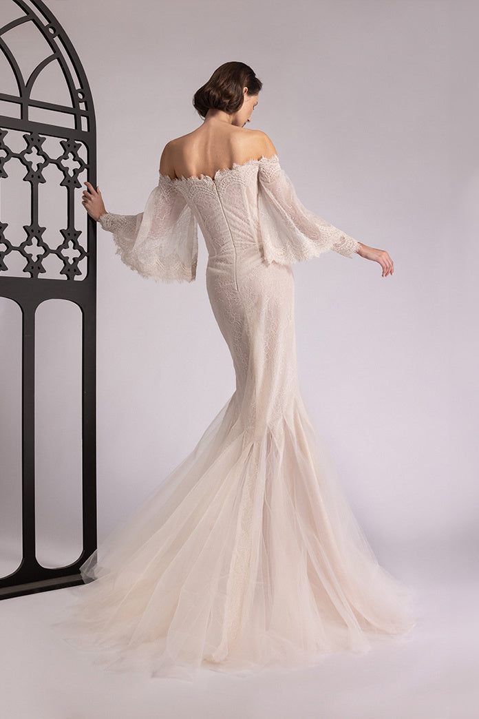 Off-Shoulder Bell-Sleeve Lace Gown