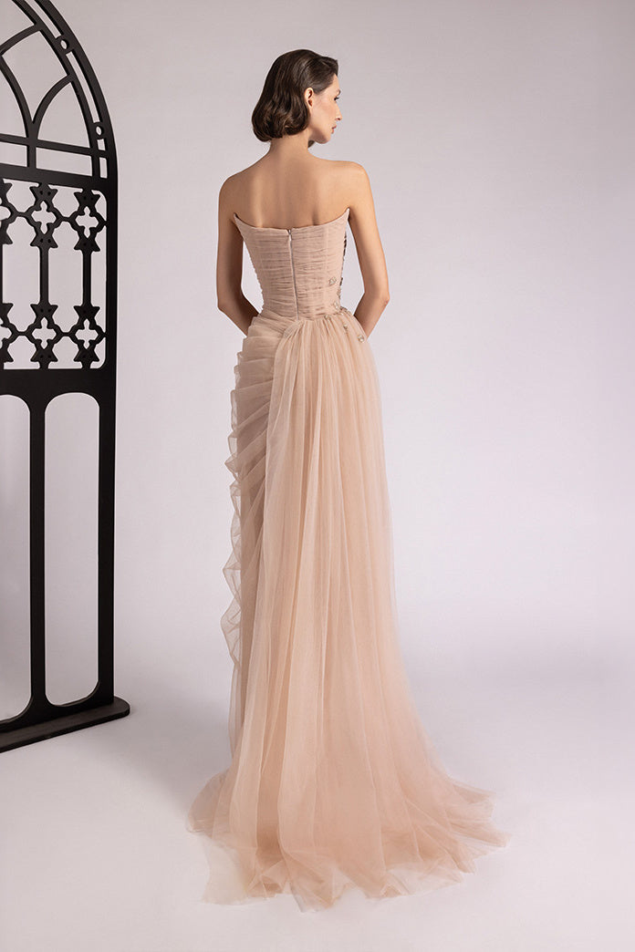 Strapless Draped Tulle Gown