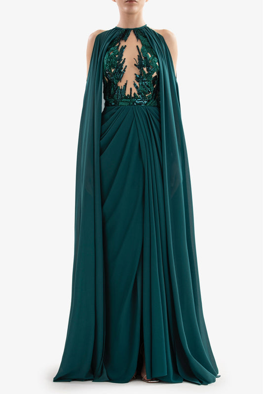 Pleated Gown with Cape