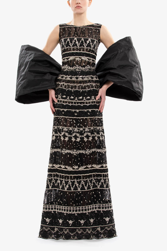 Embroidered Long Dress with Cape