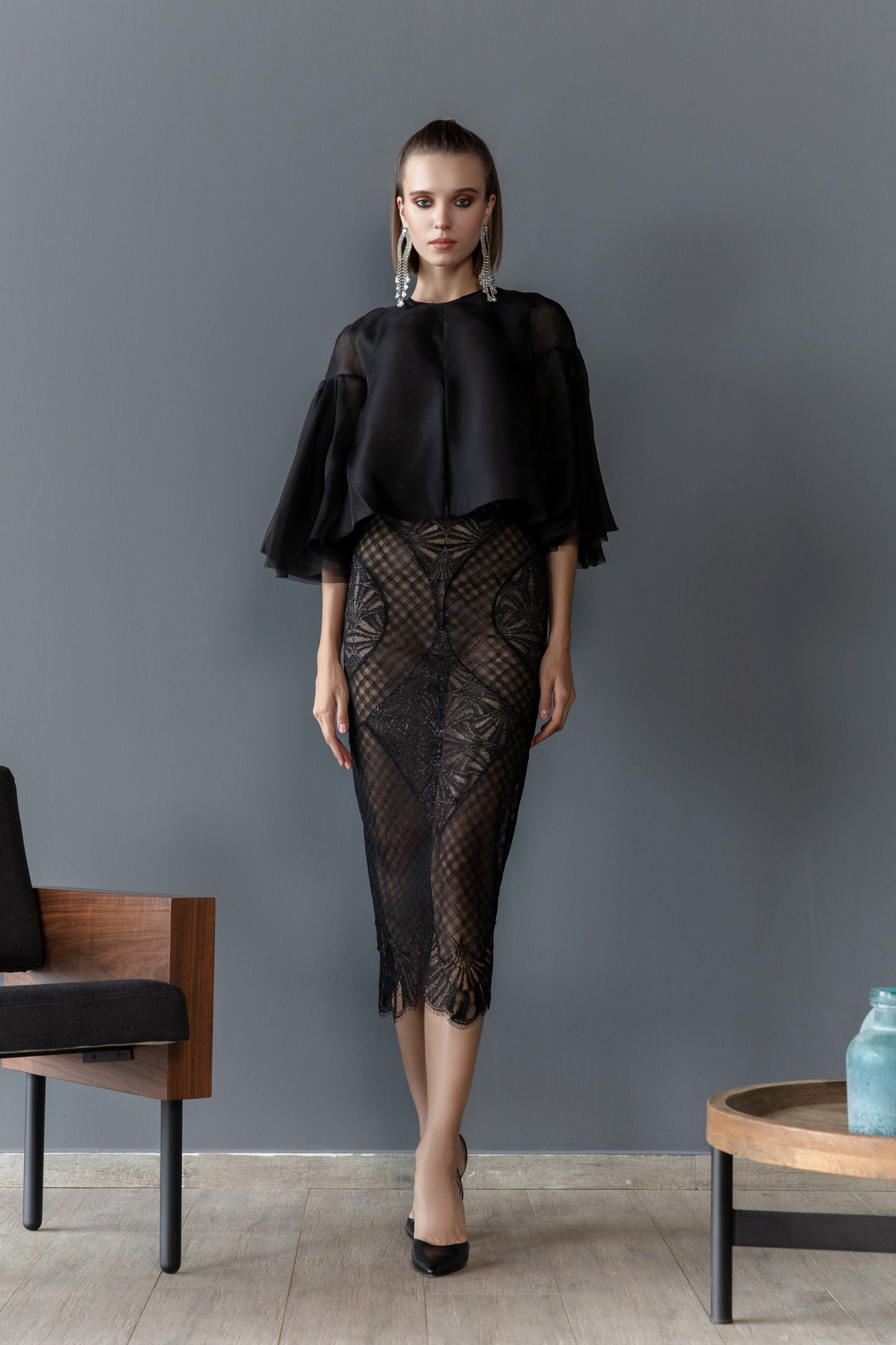 Lace Midi Dress with Organza Jacket