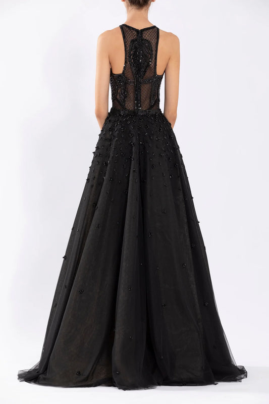 Tulle Beaded Sleeveless A-Line Gown with Halter Neckline