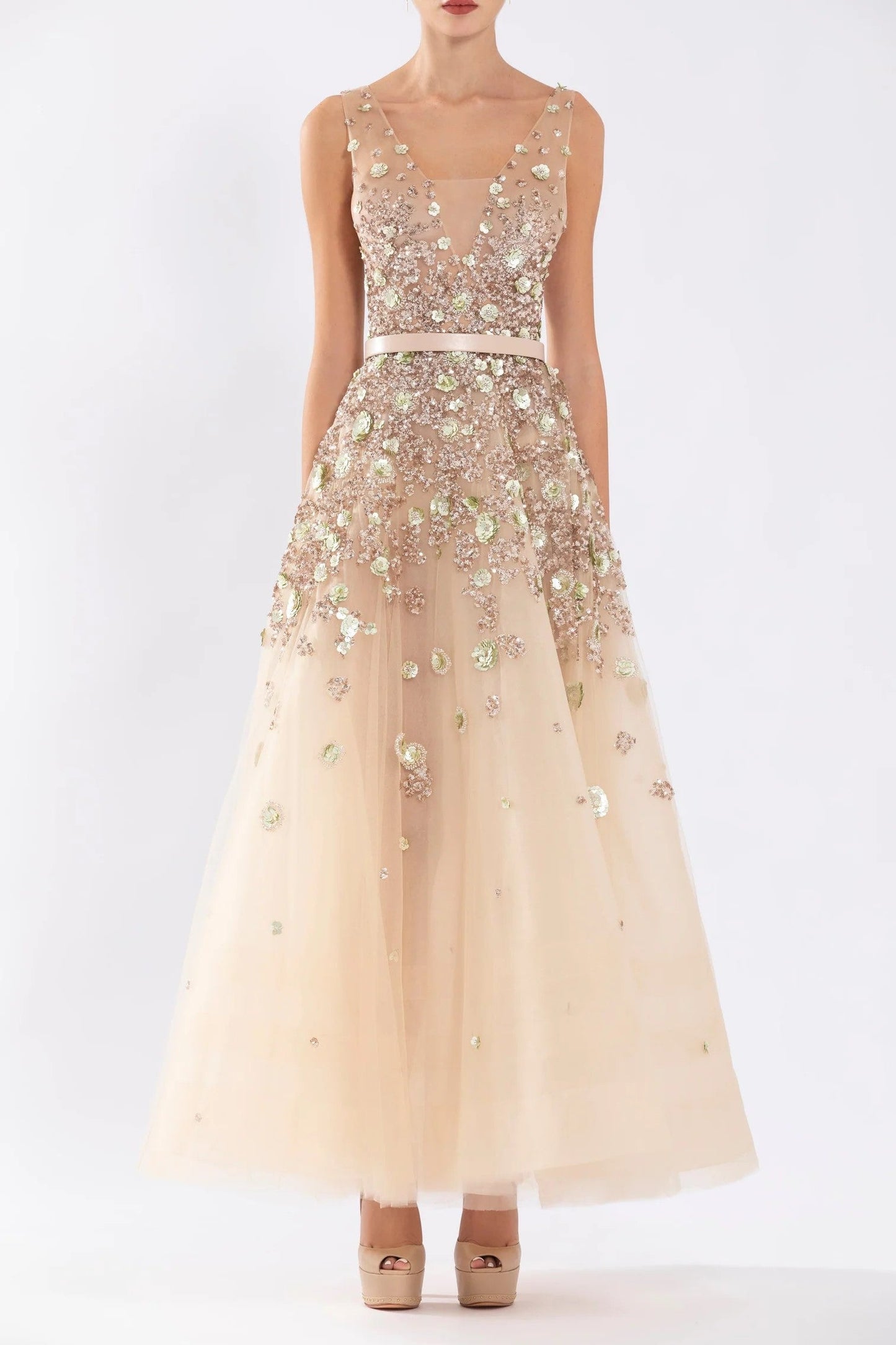 Tulle Ankle Length Dress with Dotted Beading
