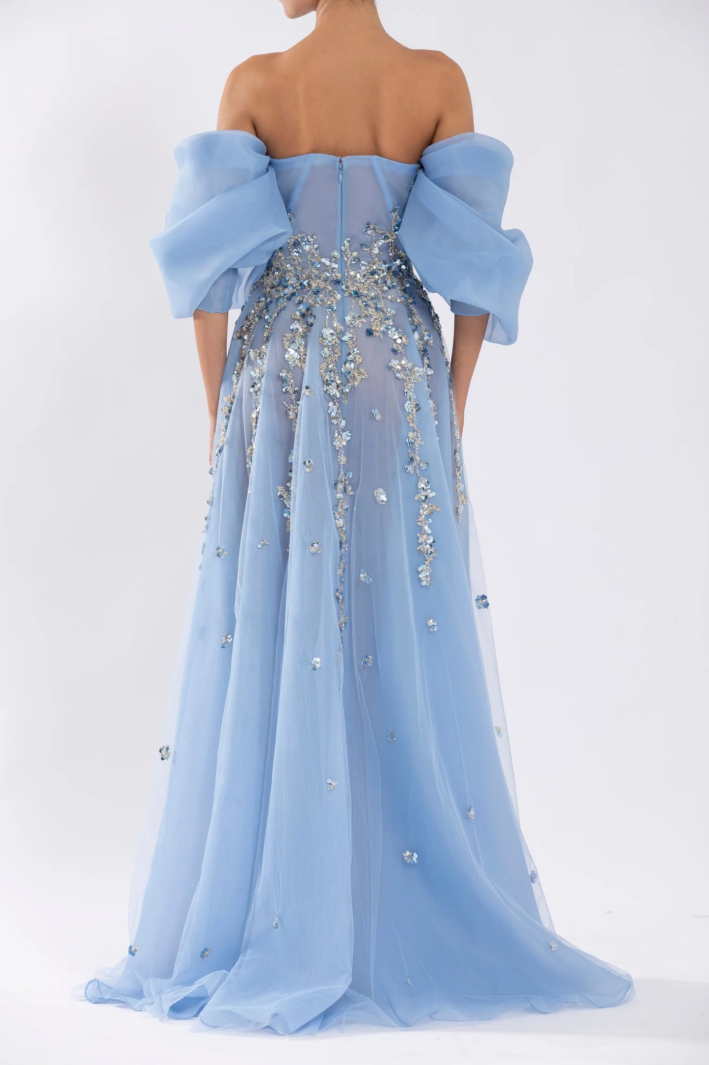 Organza Gown with Beading and Off Shoulder Sleeves