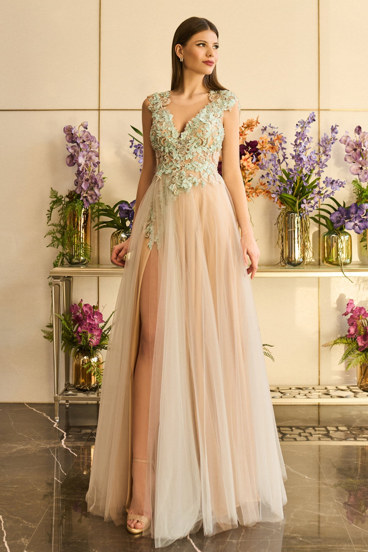 Cap Sleeve Embroidered Tulle Slit Gown