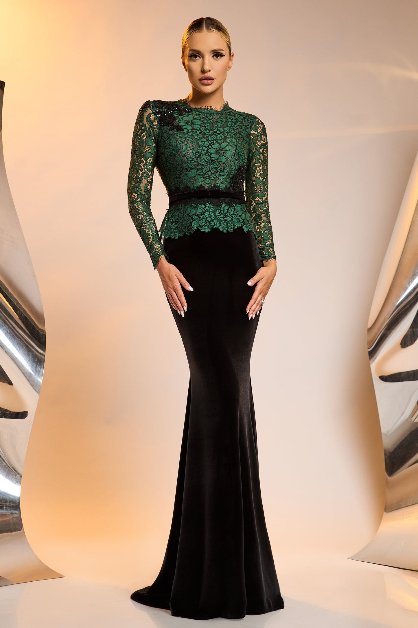 Lace and Velvet Long Sleeve Gown