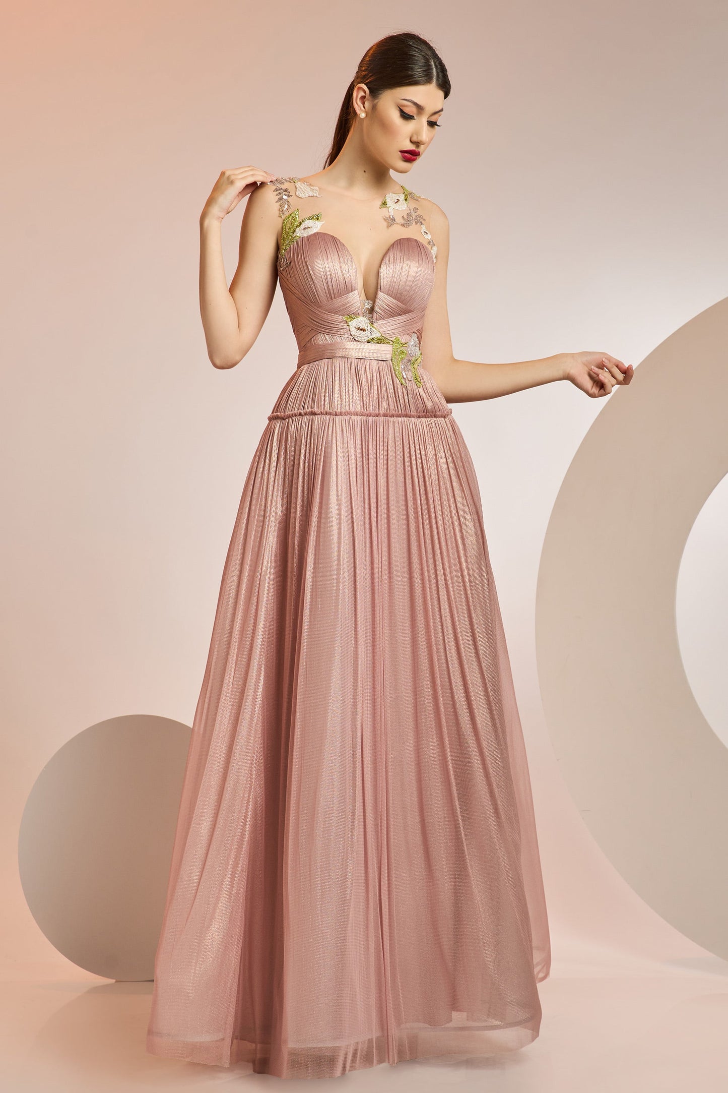 Pleated Floral Illusion Gown