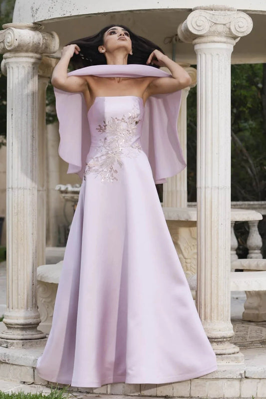 Embroidered Satin Gown with Cape