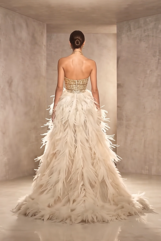 Strapless Sequin Feather Gown