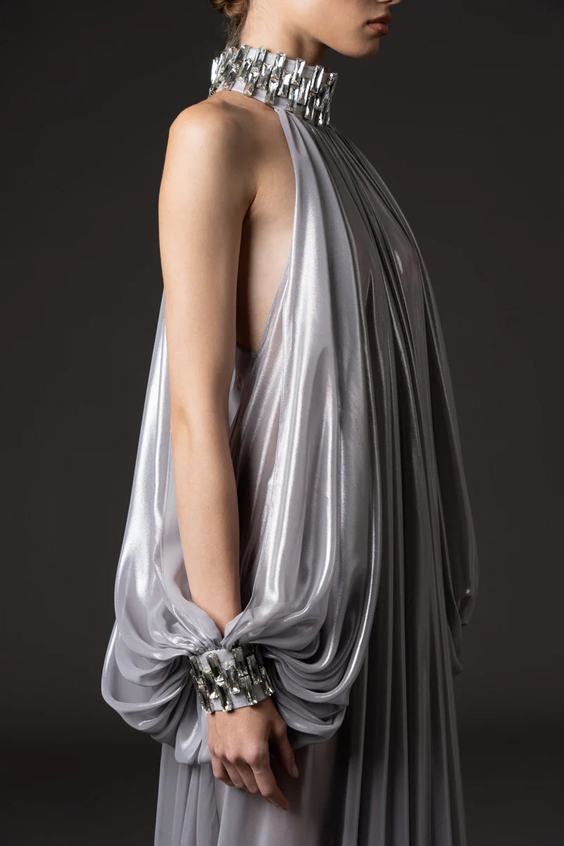 Halter Neck Silver Chiffon Lamé Dress