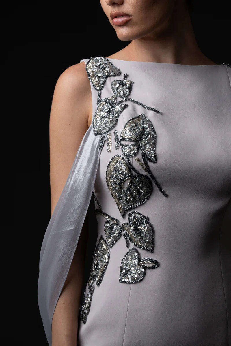 Silver Gray Crêpe Dress with Floral Embroidery
