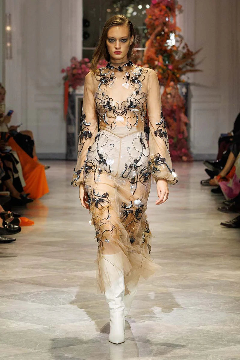 Glass Petal Embroidered Tulle Dress
