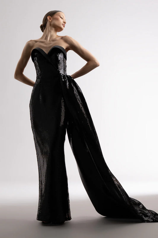 Strapless Black Sequin Dress with Overskirt