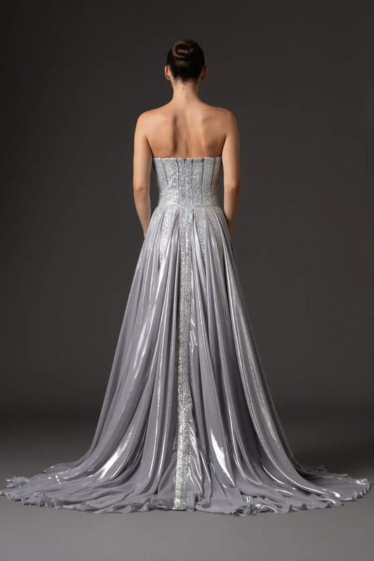 Strapless Silver Chiffon Lamé Dress