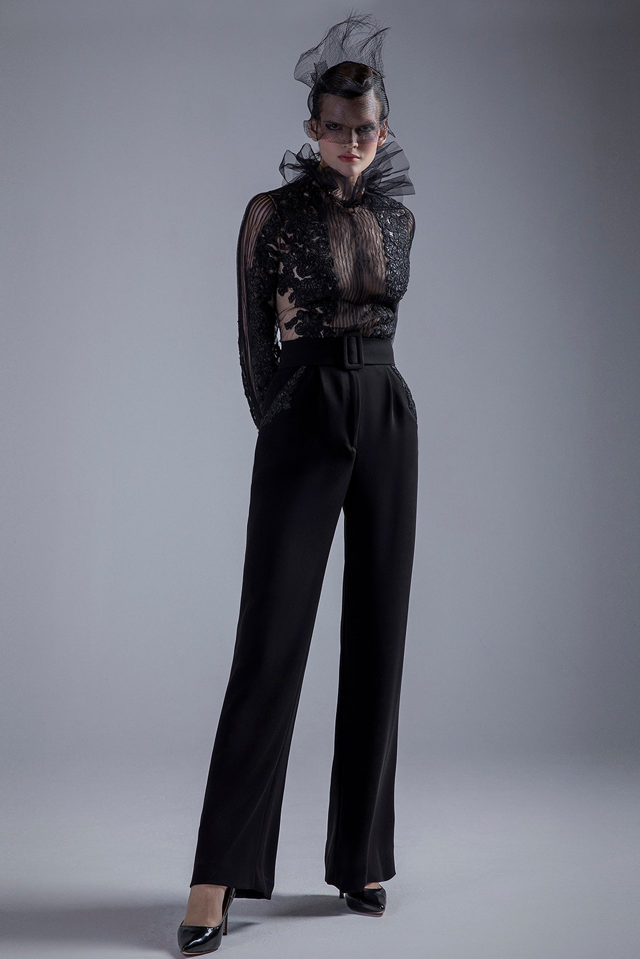 Sheer Black Top with Belted Pants