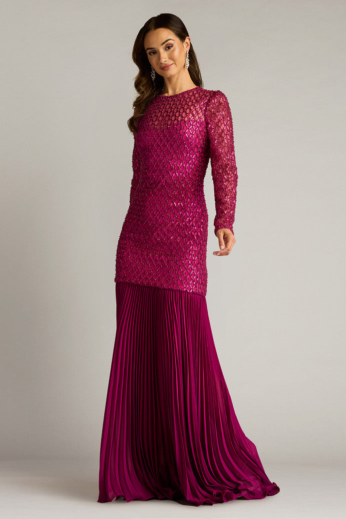 Sunburst Pleated Georgette and Tulle Gown